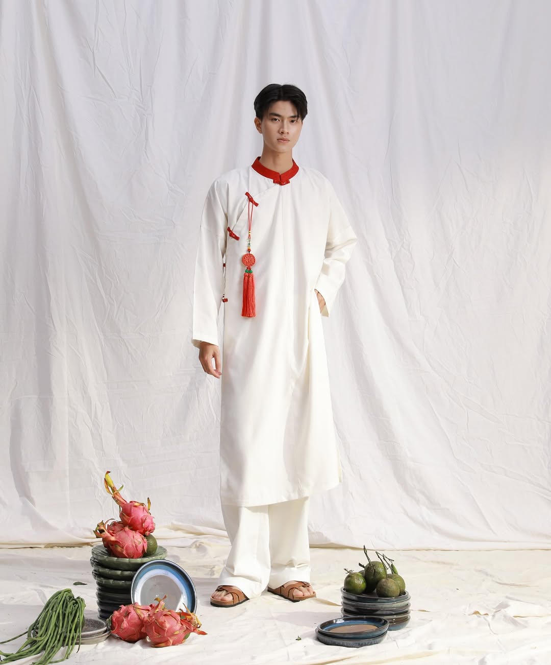 Áo Dài Trắng Gấm Đỏ (Pants & Pendants not Included)