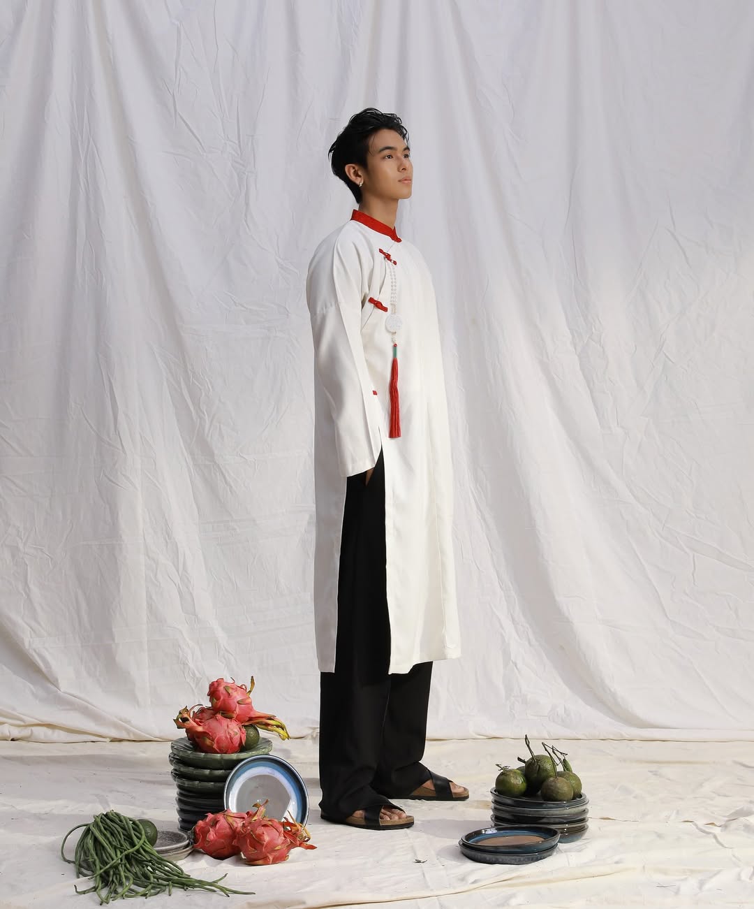 Áo Dài Trắng Gấm Đỏ (Pants & Pendants not Included)
