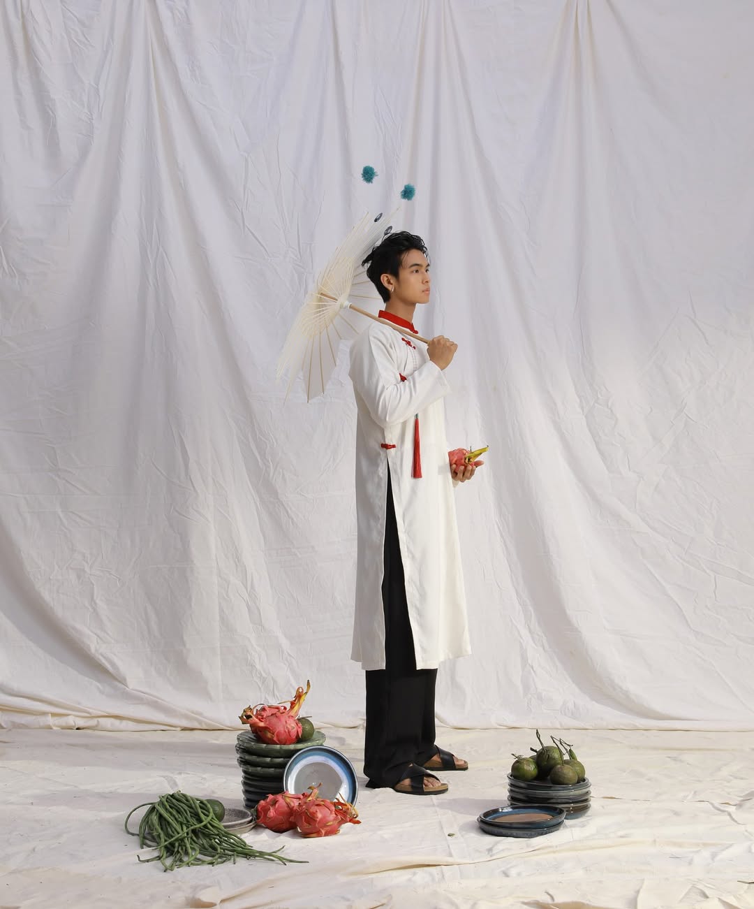 Áo Dài Trắng Gấm Đỏ (Pants & Pendants not Included)