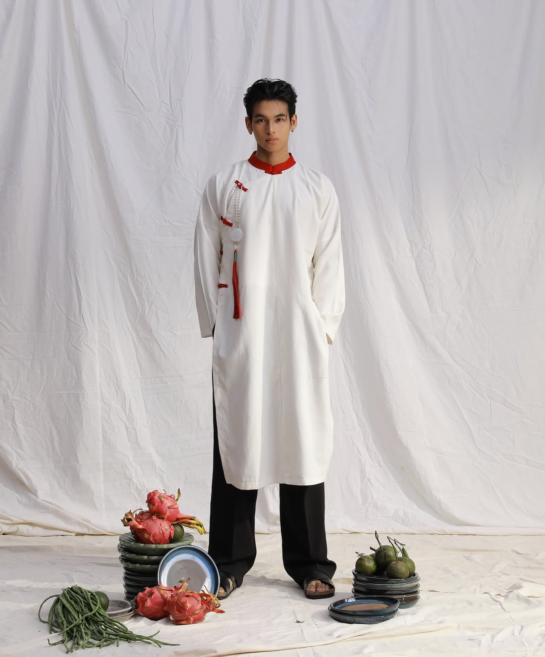 Áo Dài Trắng Gấm Đỏ (Pants & Pendants not Included)