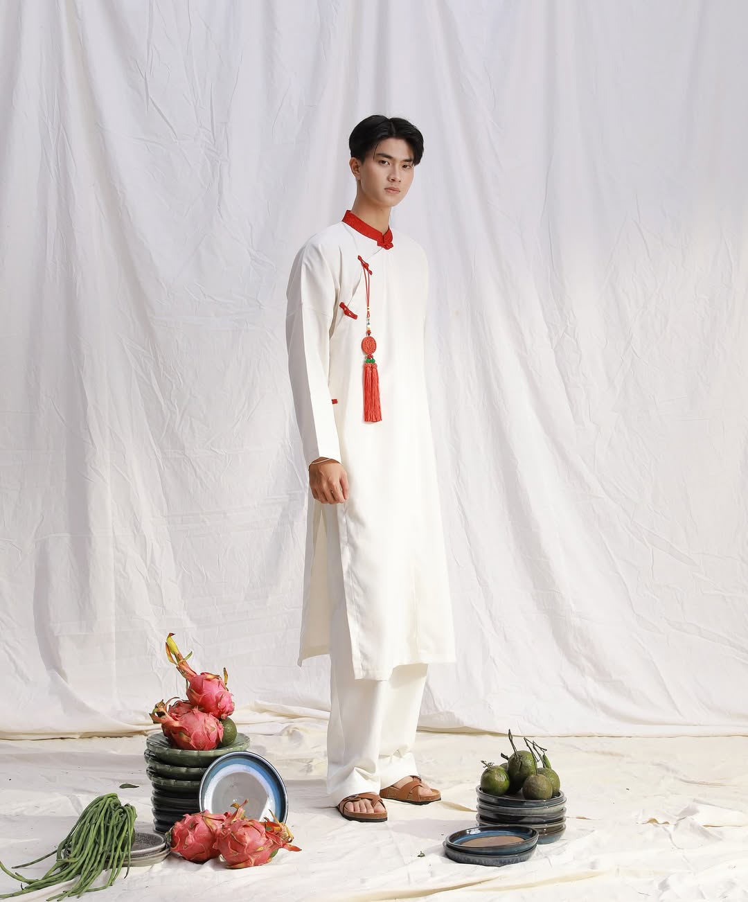 Áo Dài Trắng Gấm Đỏ (Pants & Pendants not Included)