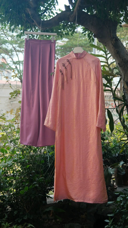 Set Áo Dài Tầm Xuân ( S - Hồng Ánh Nhũ - Cổ 3 Phân)